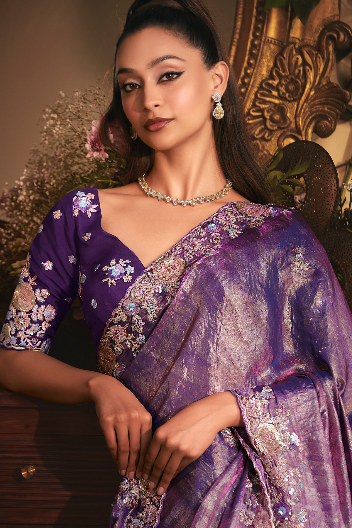 Deep Royal Purple Shimmer Tissue with Heavy Sequined Border