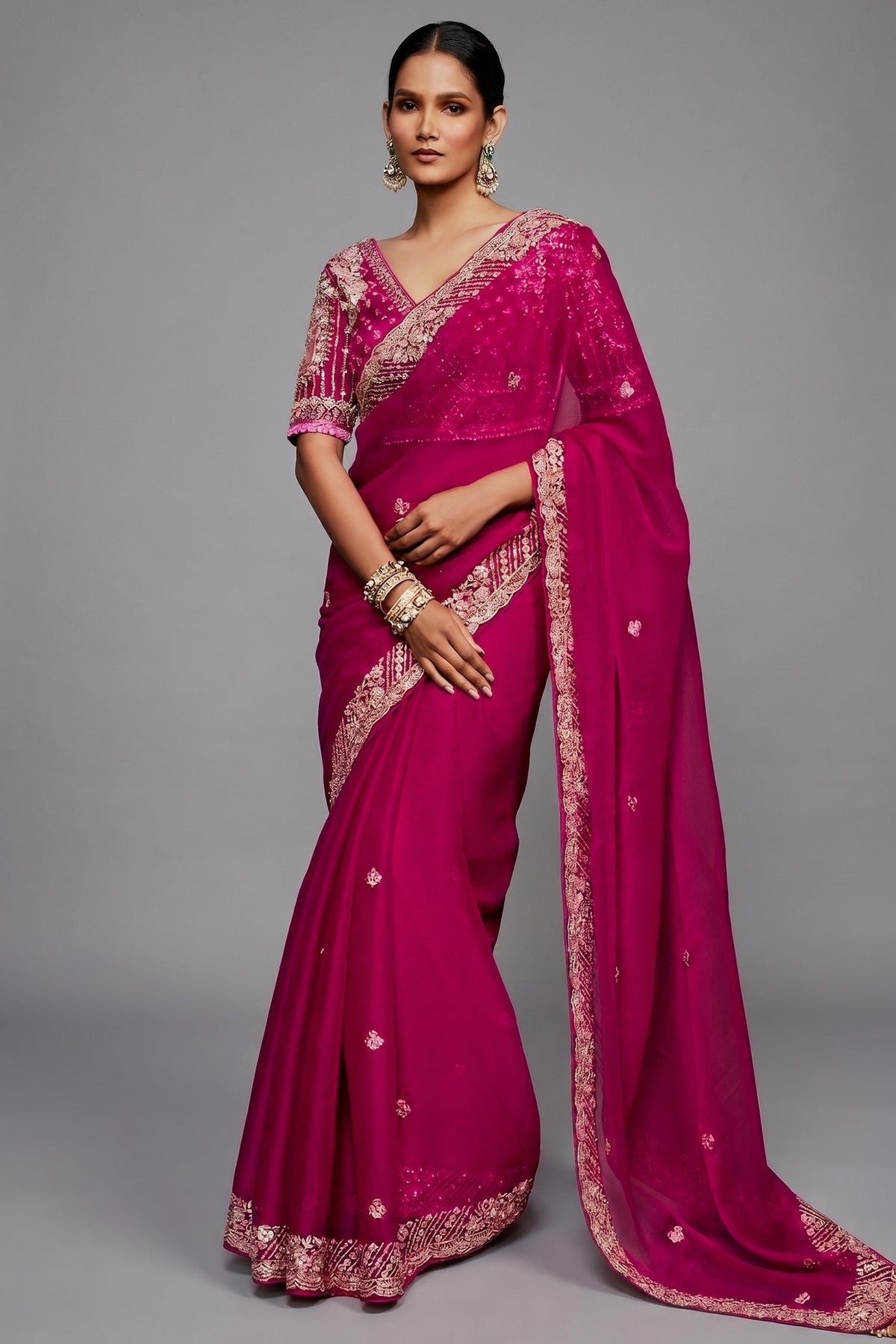 Deep Fuchsia Pink Monochrome Saree with Sequins Embroidery