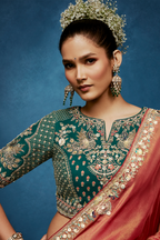 Rose Gold Dual-Tone Saree With Emerald Green Peacock Embroidered Blouse