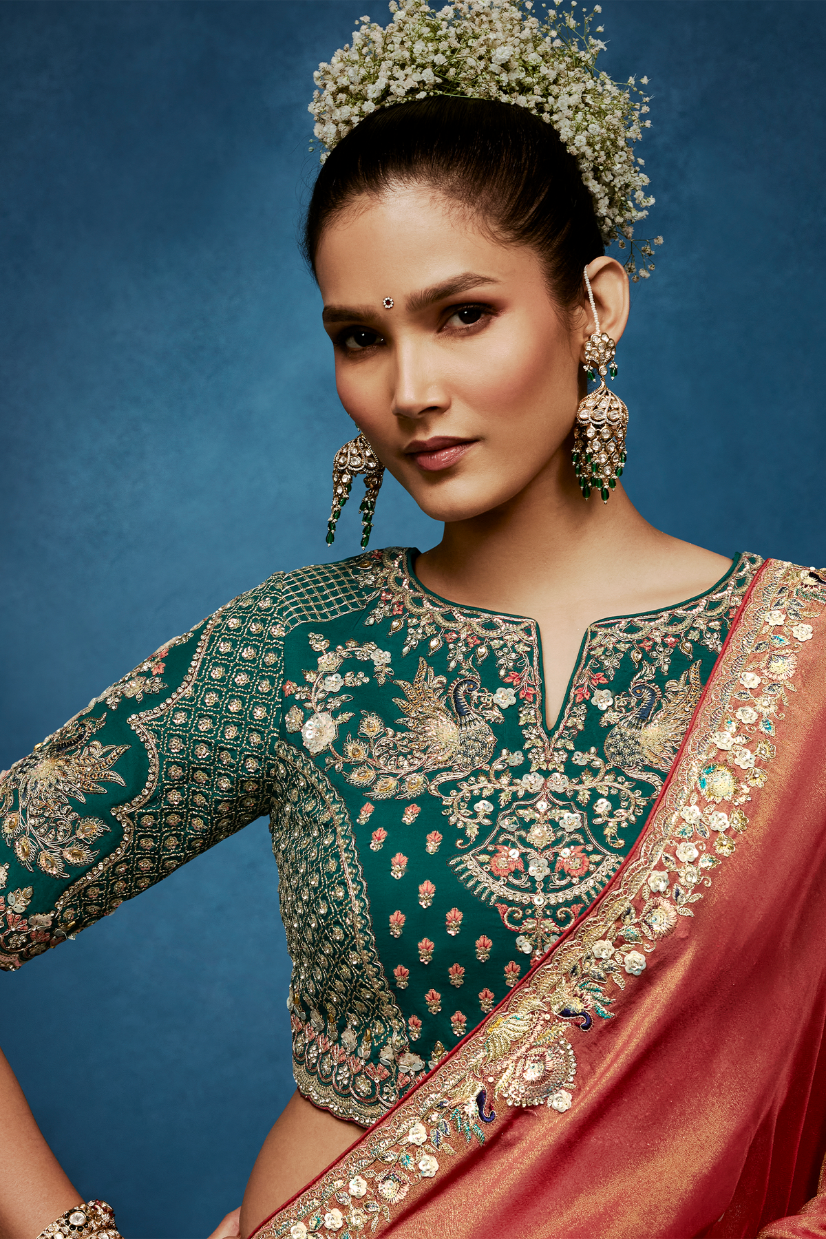 Rose Gold Dual-Tone Saree With Emerald Green Peacock Embroidered Blouse