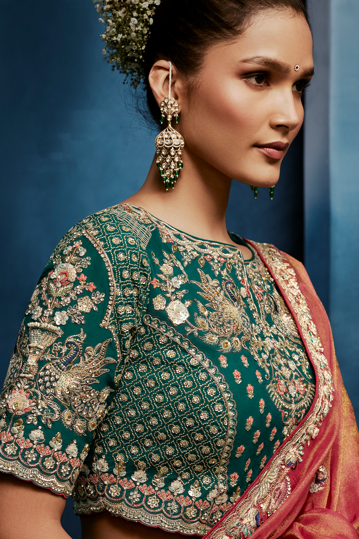 Rose Gold Dual-Tone Saree With Emerald Green Peacock Embroidered Blouse