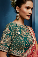 Rose Gold Dual-Tone Saree With Emerald Green Peacock Embroidered Blouse