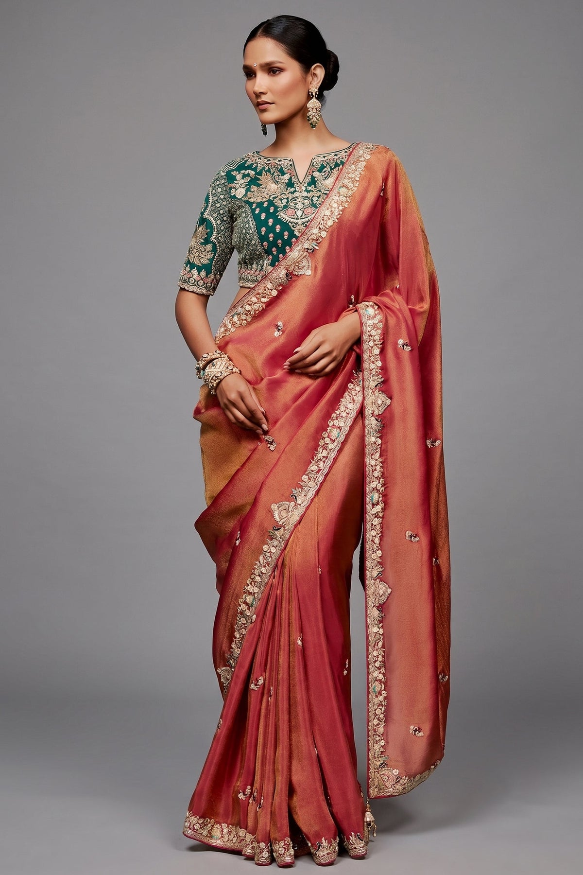 Rose Gold Dual-Tone Saree With Emerald Green Peacock Embroidered Blouse