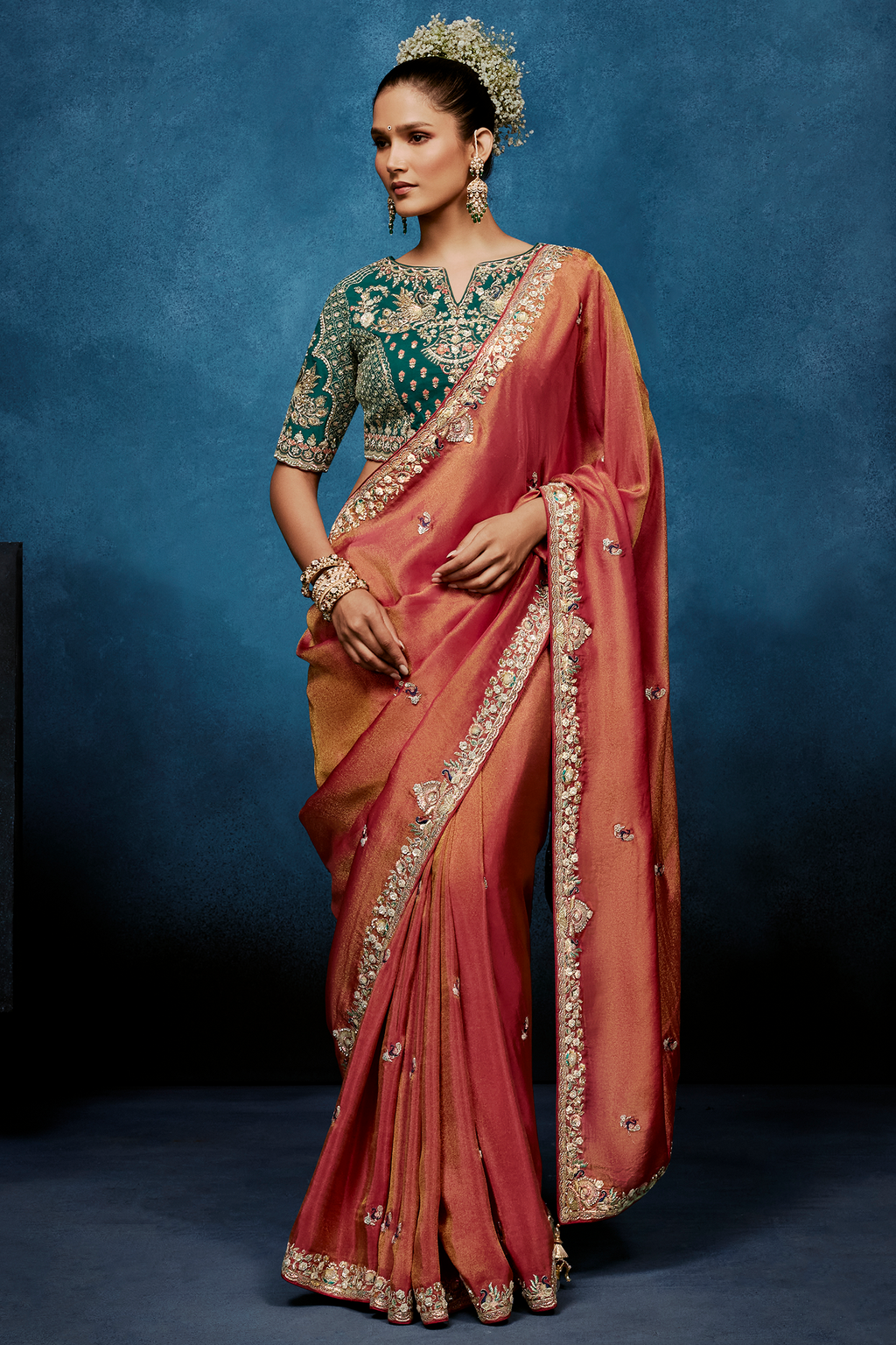 Rose Gold Dual-Tone Saree With Emerald Green Peacock Embroidered Blouse