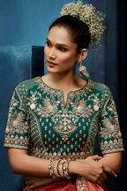 Rose Gold Dual-Tone Saree With Emerald Green Peacock Embroidered Blouse