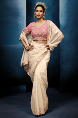 Ivory White Saree with Rose Pink Floral Embroidered Blouse