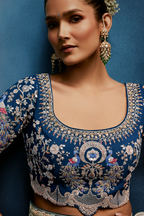 Pastel Mint Grey Organza Saree with Midnight Blue Peacock Embroidered Blouse