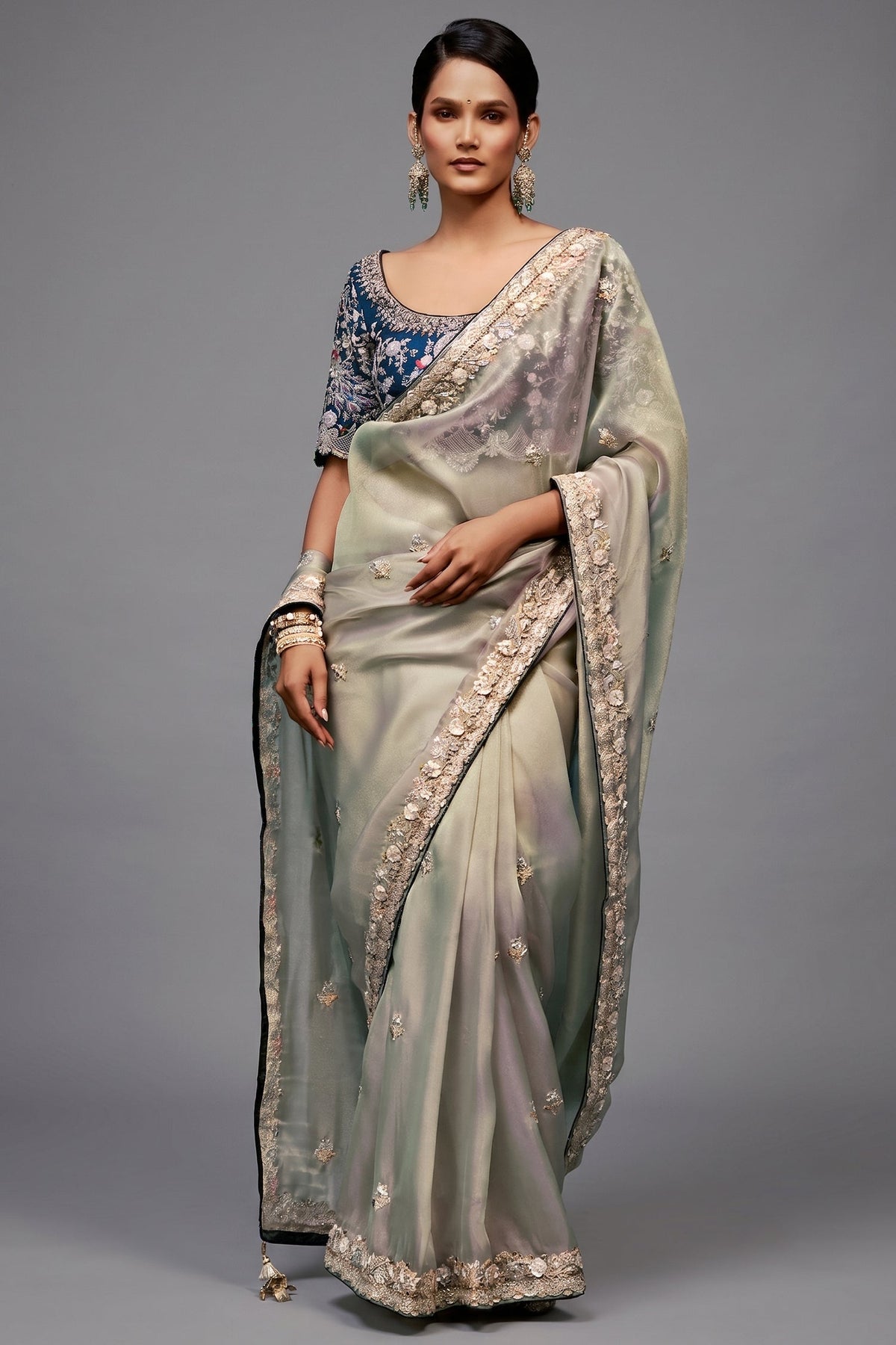 Pastel Mint Grey Organza Saree with Midnight Blue Peacock Embroidered Blouse