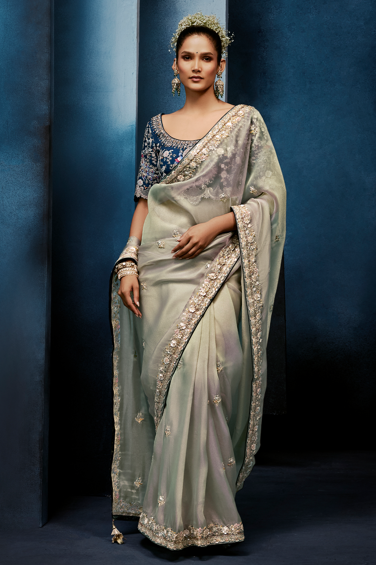 Pastel Mint Grey Organza Saree with Midnight Blue Peacock Embroidered Blouse