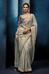 Pastel Mint Grey Organza Saree with Midnight Blue Peacock Embroidered Blouse