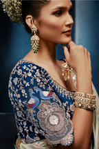 Pastel Mint Grey Organza Saree with Midnight Blue Peacock Embroidered Blouse