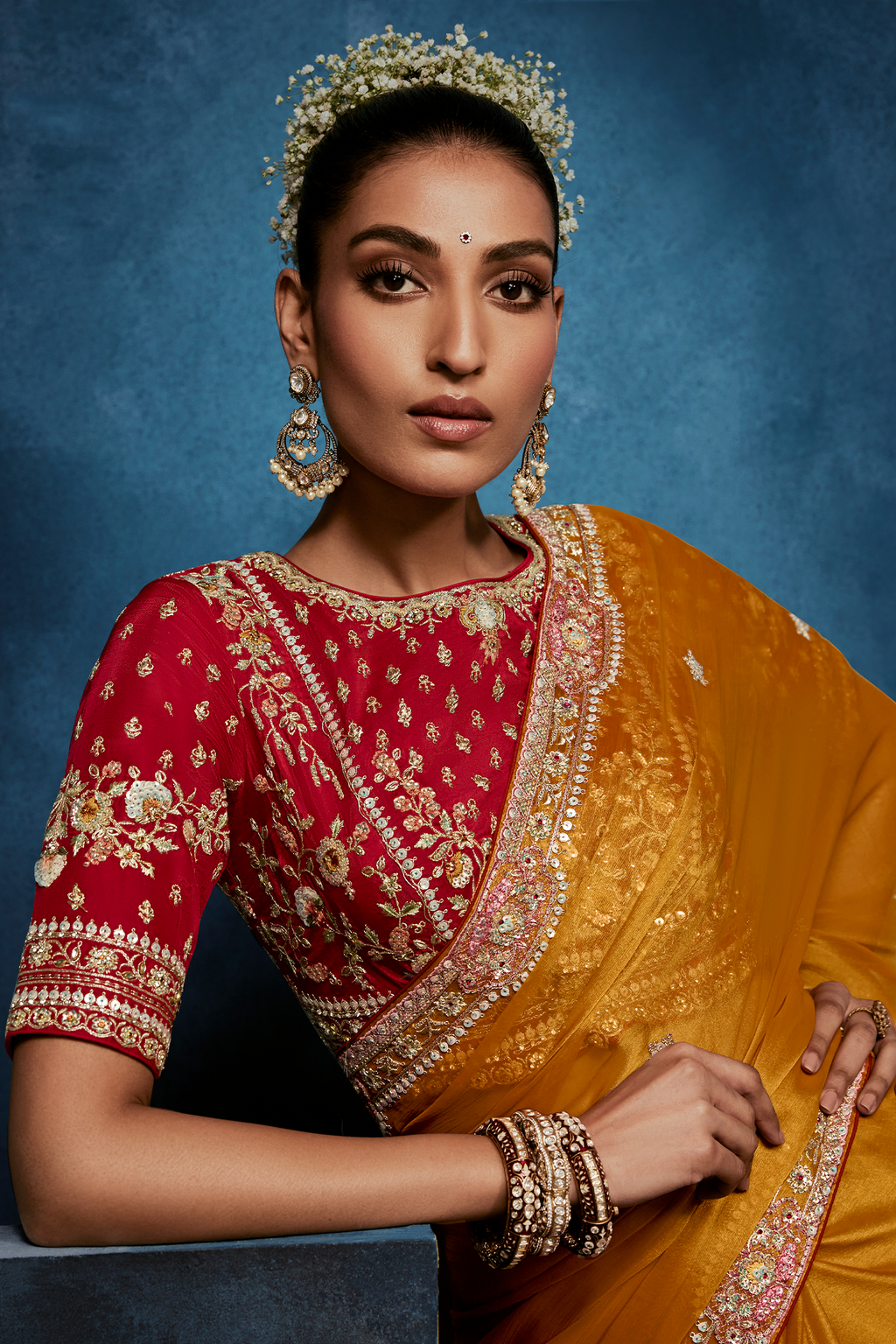 Mango Yellow Saree With Crimson Intricate Embroidered Blouse