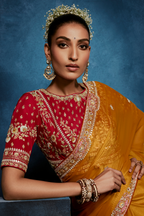 Mango Yellow Saree With Crimson Intricate Embroidered Blouse