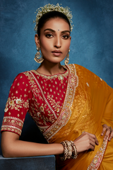 Mango Yellow Saree With Crimson Intricate Embroidered Blouse