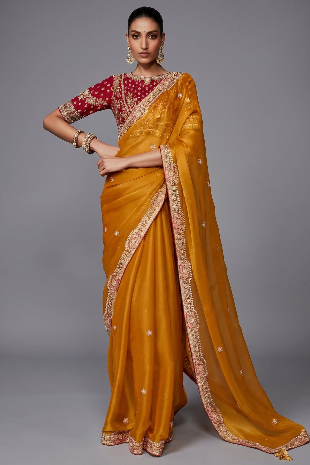 Mango Yellow Saree With Crimson Intricate Embroidered Blouse