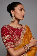 Mango Yellow Saree With Crimson Intricate Embroidered Blouse