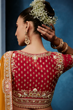 Mango Yellow Saree With Crimson Intricate Embroidered Blouse
