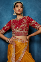 Mango Yellow Saree With Crimson Intricate Embroidered Blouse