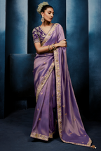 Lilac Purple Shimmer Saree with Deep Violet Floral Embroidered Blouse