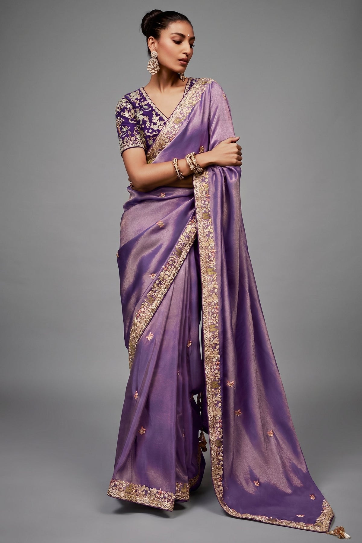 Lilac Purple Shimmer Saree with Deep Violet Floral Embroidered Blouse