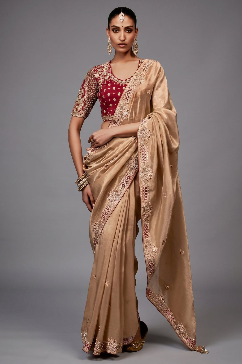 Champagne Gold Satin Saree with Maroon Heavy Embroidered Blouse