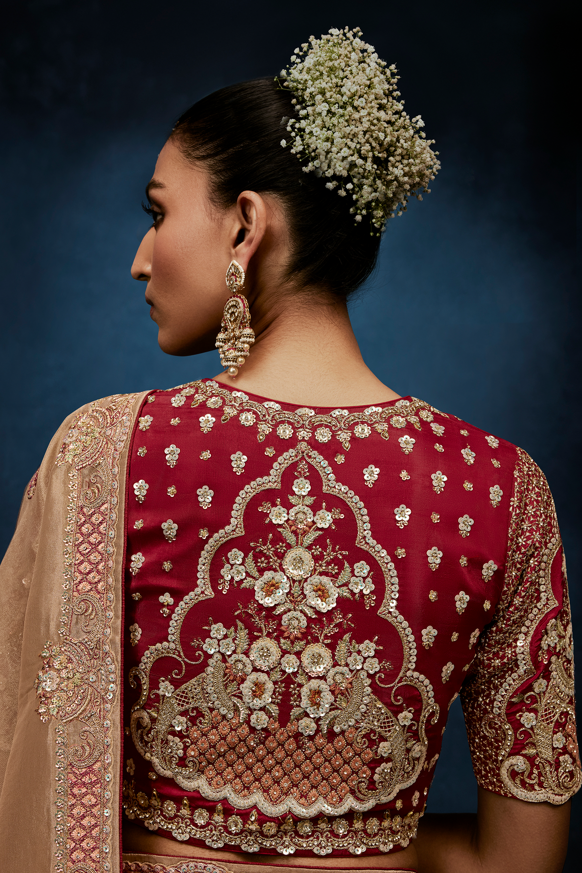 Champagne Gold Satin Saree with Maroon Heavy Embroidered Blouse