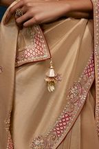 Champagne Gold Satin Saree with Maroon Heavy Embroidered Blouse
