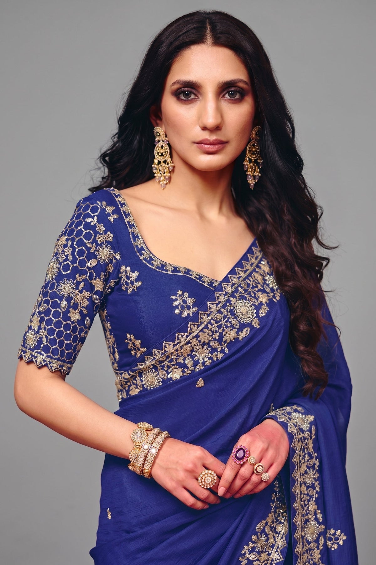 Royal Blue Satin Saree Adorned with Heavy Sequin Embroidery