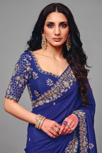 Royal Blue Satin Saree Adorned with Heavy Sequin Embroidery