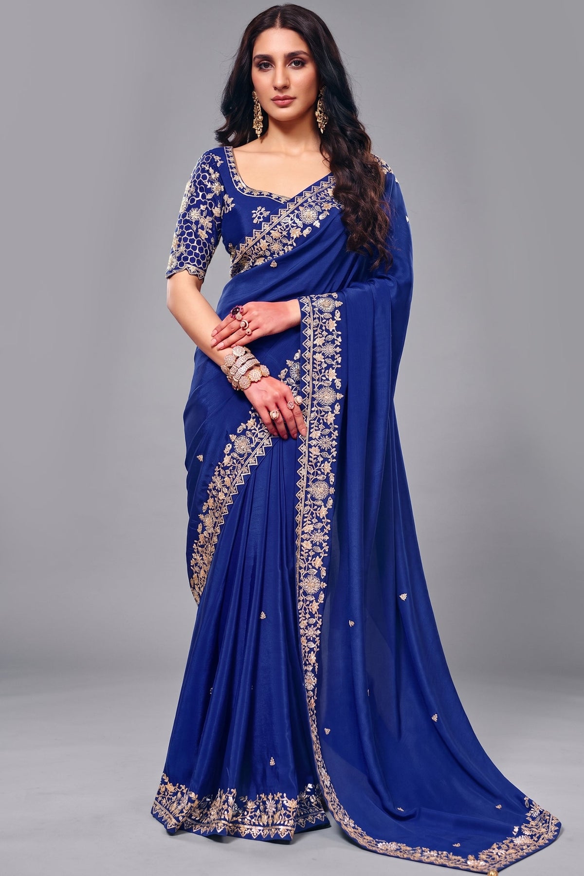 Royal Blue Satin Saree Adorned with Heavy Sequin Embroidery