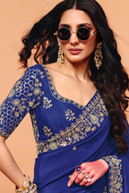 Royal Blue Satin Saree Adorned with Heavy Sequin Embroidery