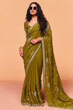 Olive Green Organza Satin Saree Embellished with Heavy Sequin Embroidery