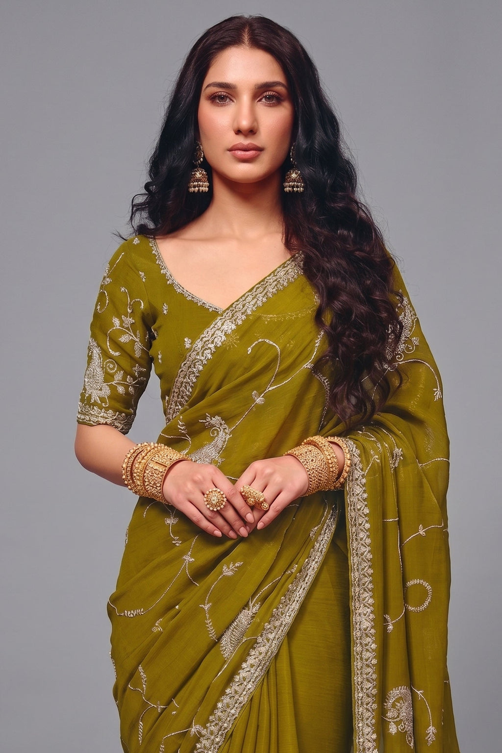 Olive Green Organza Satin Saree Embellished with Heavy Sequin Embroidery