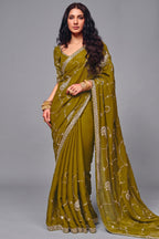 Olive Green Organza Satin Saree Embellished with Heavy Sequin Embroidery