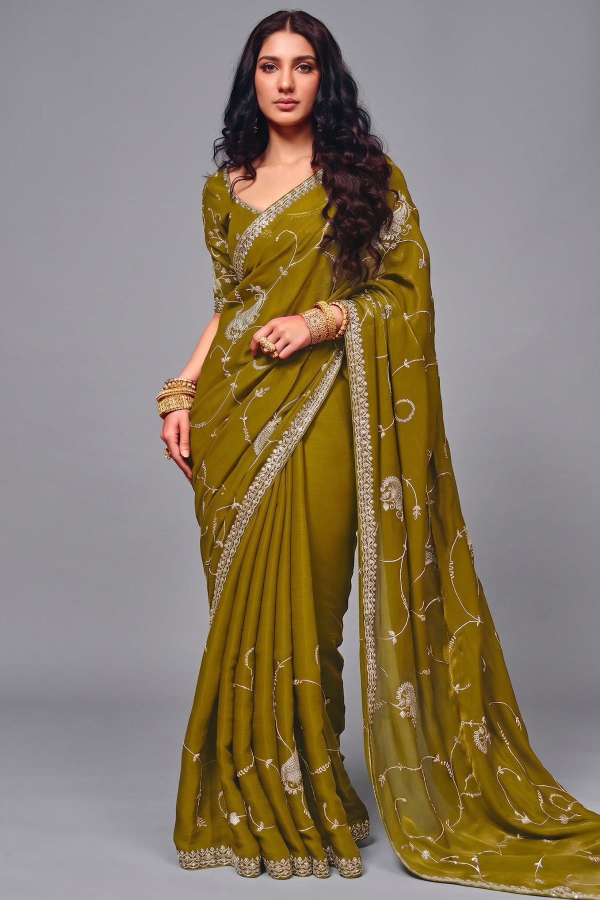 Olive Green Organza Satin Saree Embellished with Heavy Sequin Embroidery