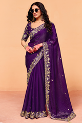 Rich Plum Purple Organza Crush Saree with Heavy Sequin Work
