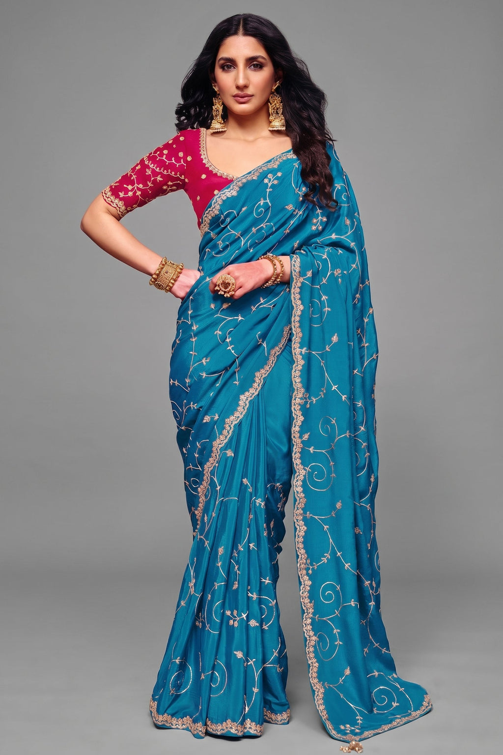 Vibrant Turquoise Satin Silk Saree with Heavy Sequin Embroidery And Pink Blouse