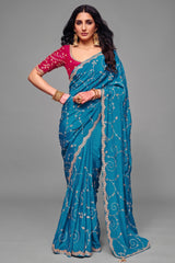 Vibrant Turquoise Satin Silk Saree with Heavy Sequin Embroidery And Pink Blouse