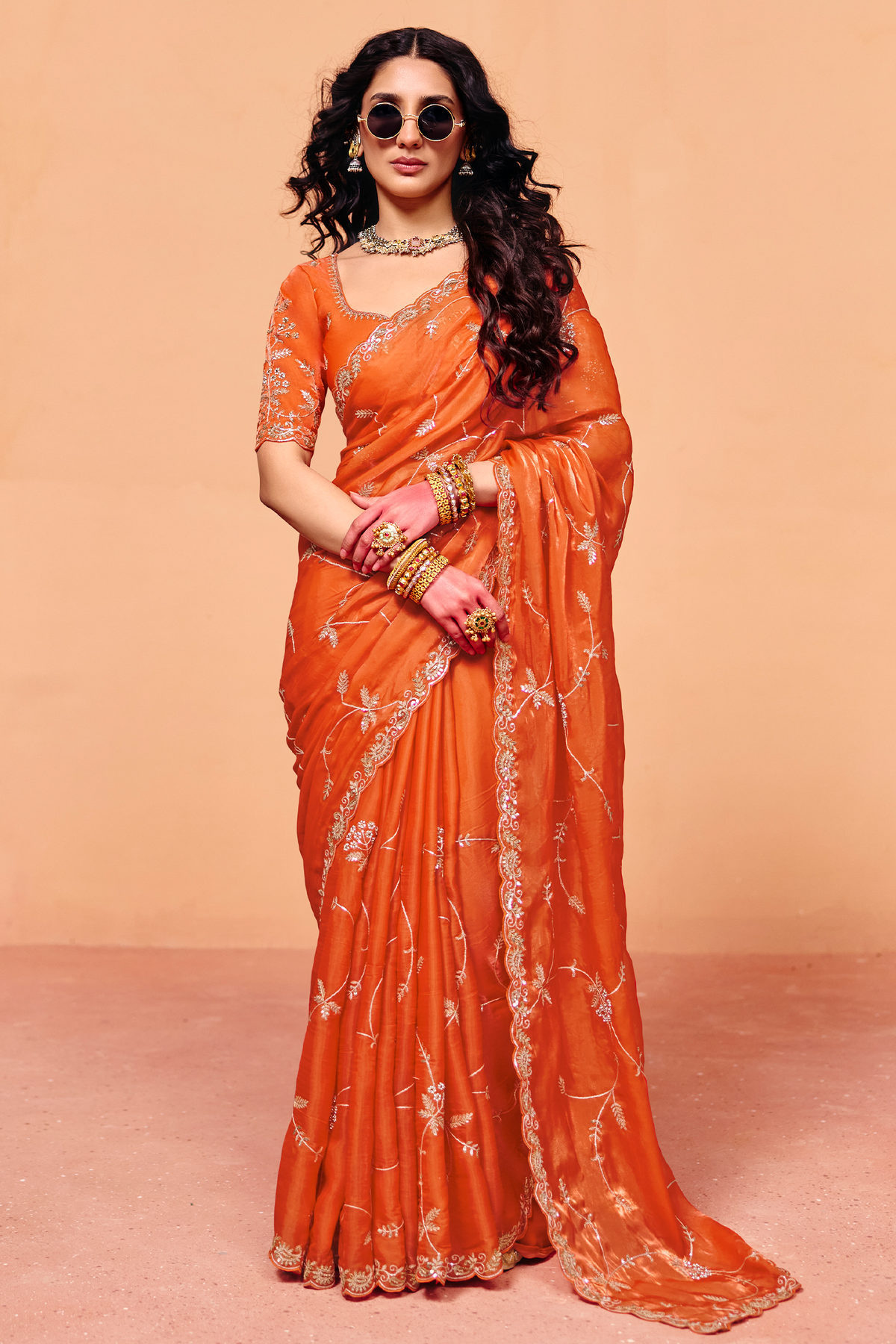 Tangerine Orange Organza Satin Saree Highlighted with Heavy Sequin Embroidery