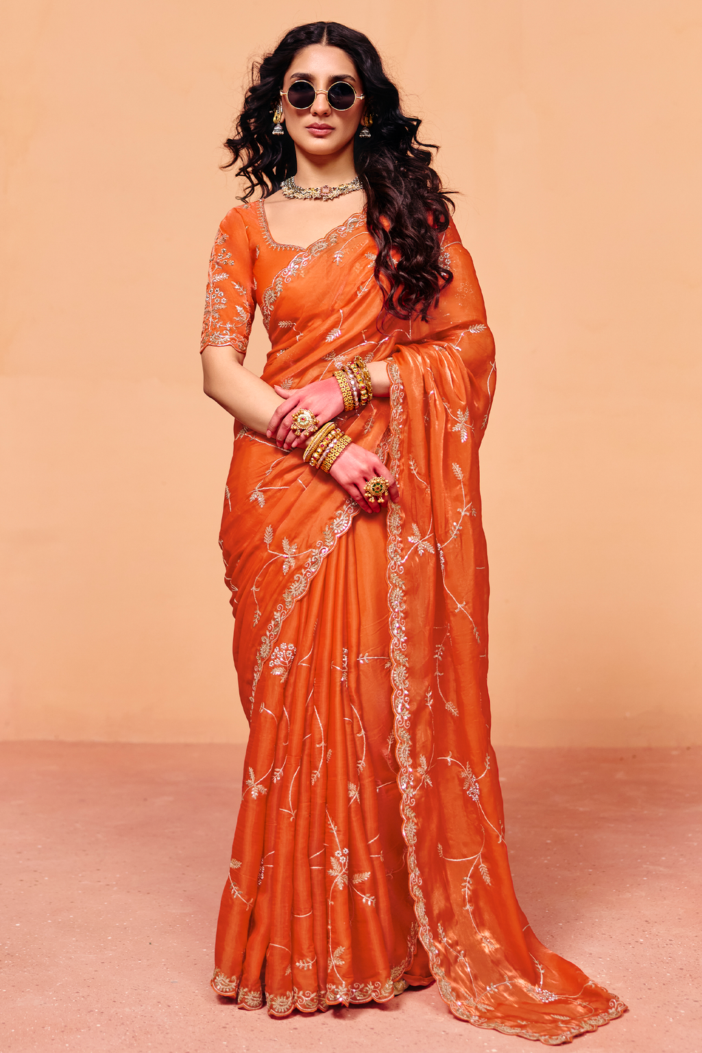 Tangerine Orange Organza Satin Saree Highlighted with Heavy Sequin Embroidery