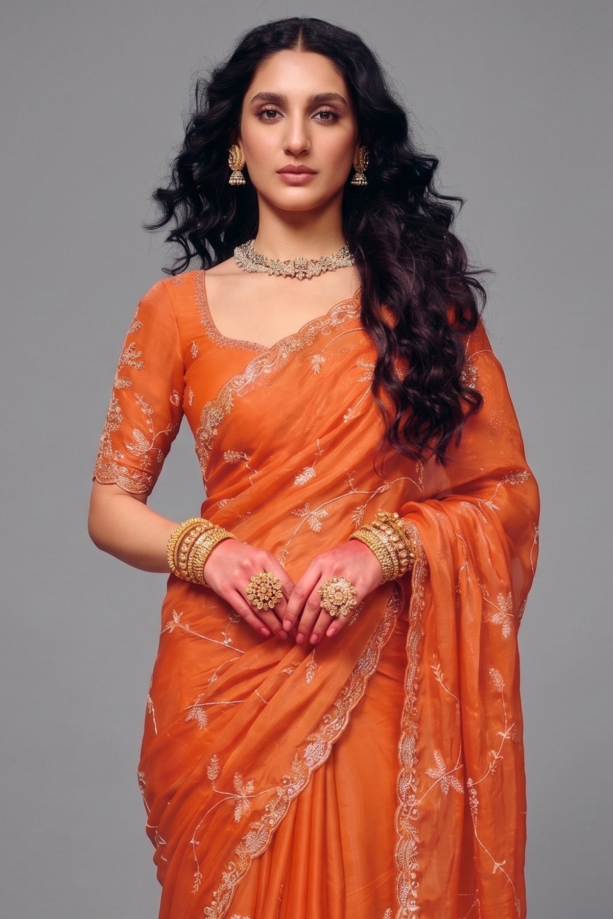 Tangerine Orange Organza Satin Saree Highlighted with Heavy Sequin Embroidery