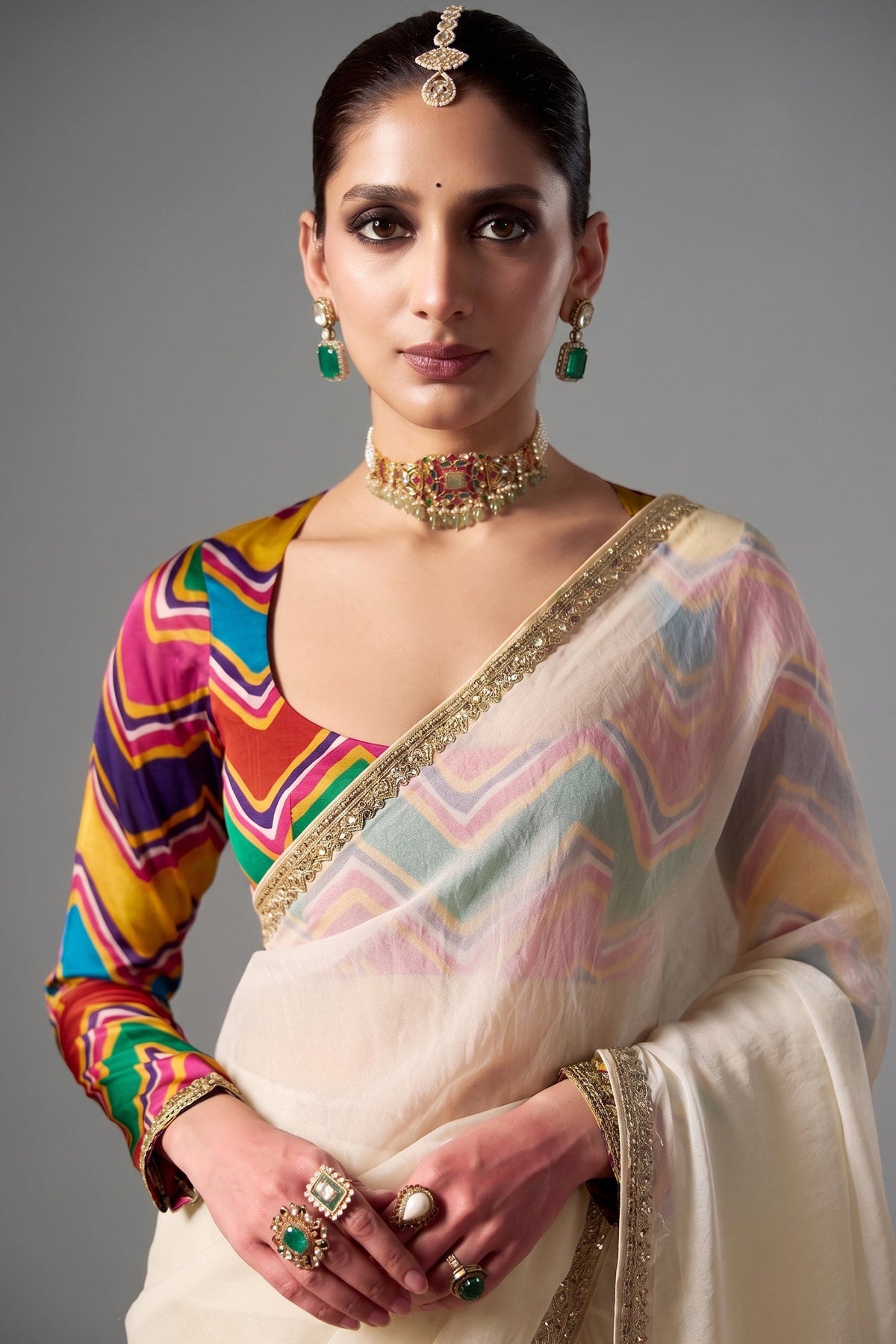 Ivory Cream Glass Tissue Saree with Sequin Butti Work And Multicolored Digital Print Blouse