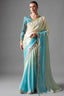 Ombre Sky Blue Tissue Saree Embellished With Sequins And Paired With A Matching Azure Print Blouse.