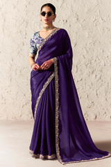 Deep Plum Purple Organza Saree With Embroidered Borders And A Floral Digital Print Blouse