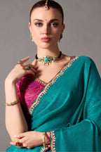 Emerald Teal Organza Saree with Showcasing Sequin Embroidery
