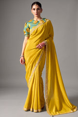 Vibrant Lemon Yellow Tissue Saree with Dhaga Embroidery