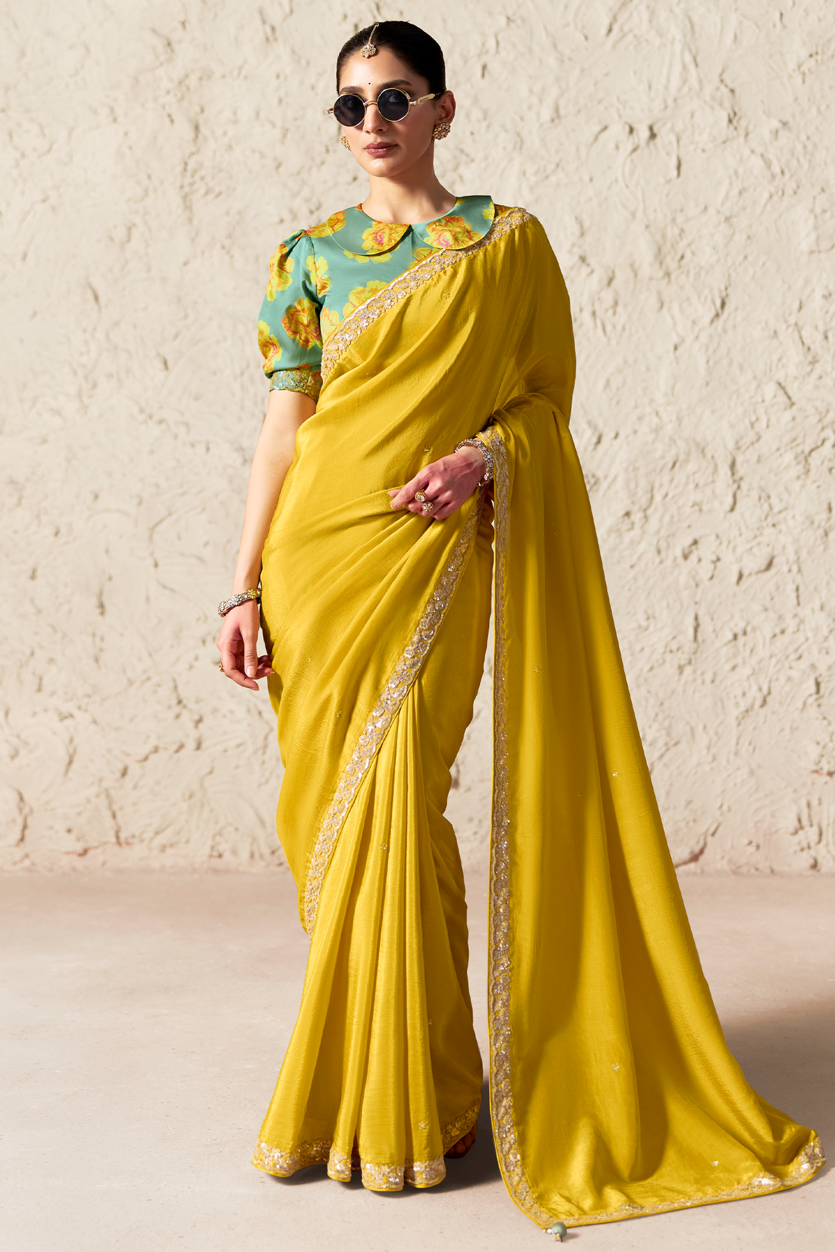 Vibrant Lemon Yellow Tissue Saree with Dhaga Embroidery