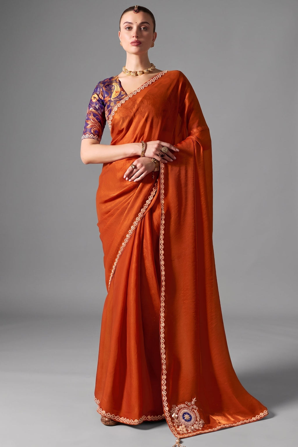 Rust Copper Organza Saree Detailed With Sequin Work Border