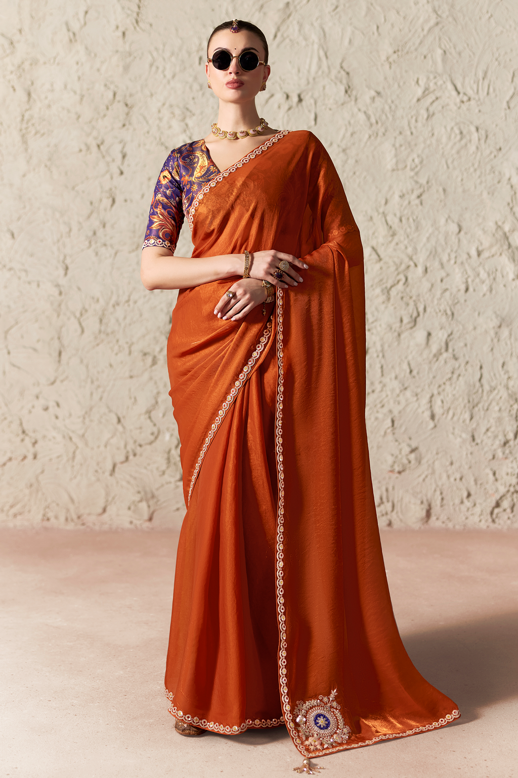 Rust Copper Organza Saree Detailed With Sequin Work Border