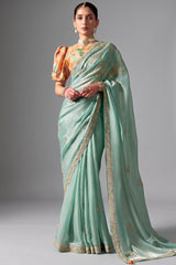 Seafoam Mint Glass Tissue Saree Embellished with Thread Buttis